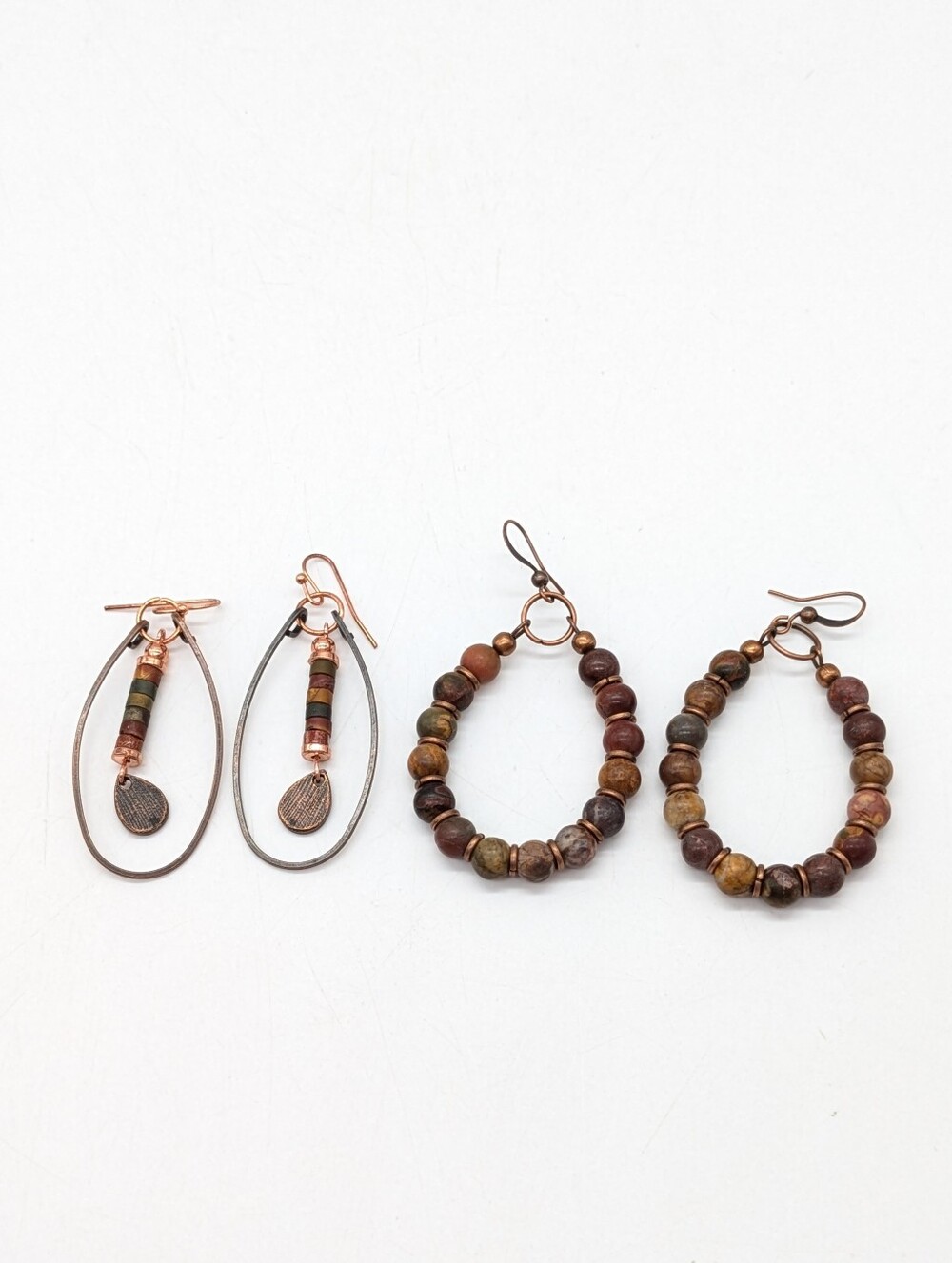 Brown Bronze Natural Stone Boho Hippie Festival Hoop Earrings Set Of 2
